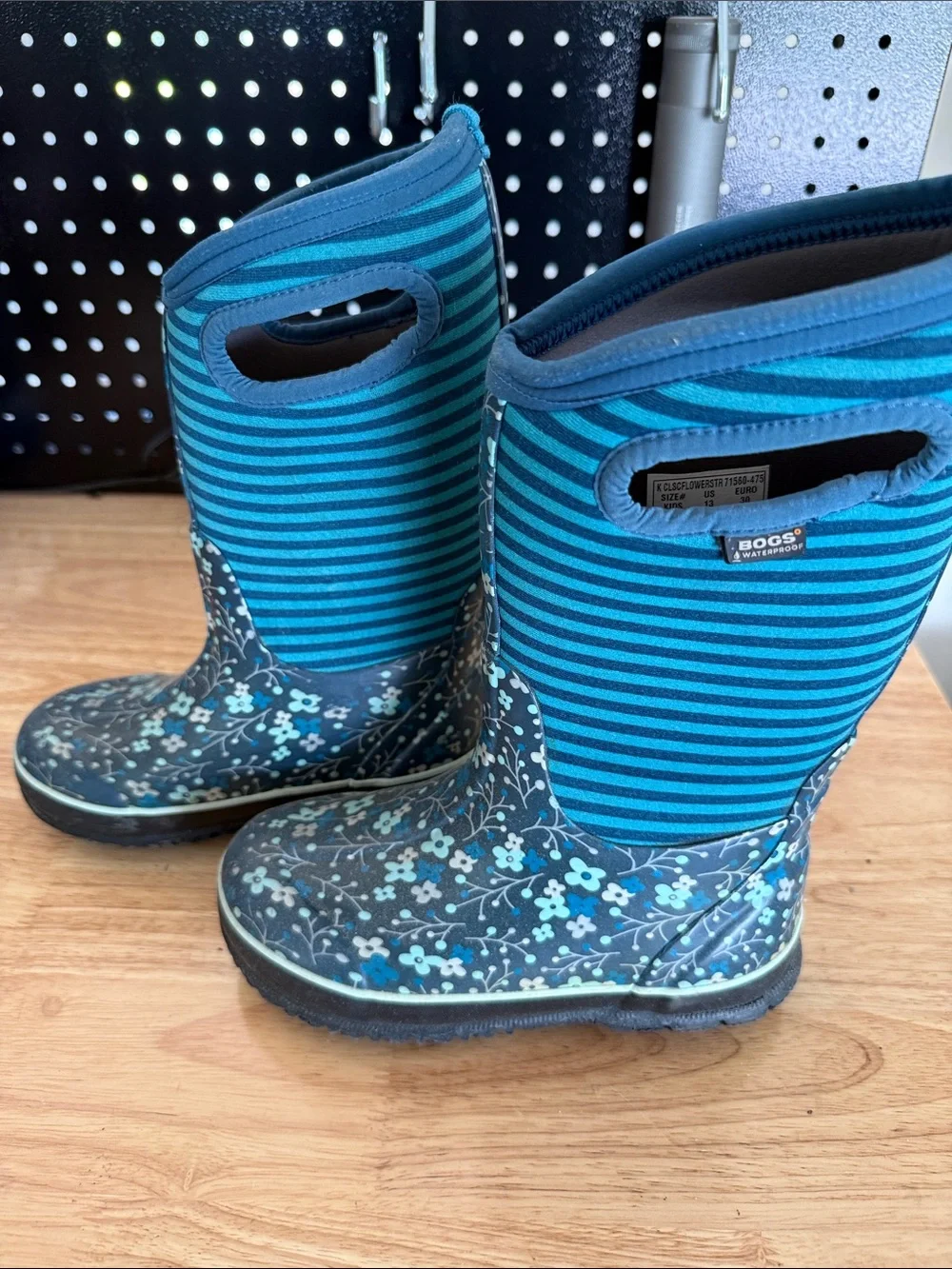 Bogs Teal and Navy Floral Stripe Kids Rain Boots